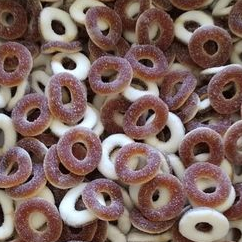 Anneaux sucrés goût POMME FRAISE FRAMBOISE COLA  100 Gr
